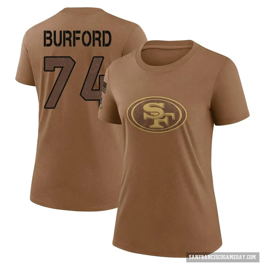 Women's ＃74 Spencer Burford San Francisco 49ers Brown 2023 Salute To Service Performance T-Shirt