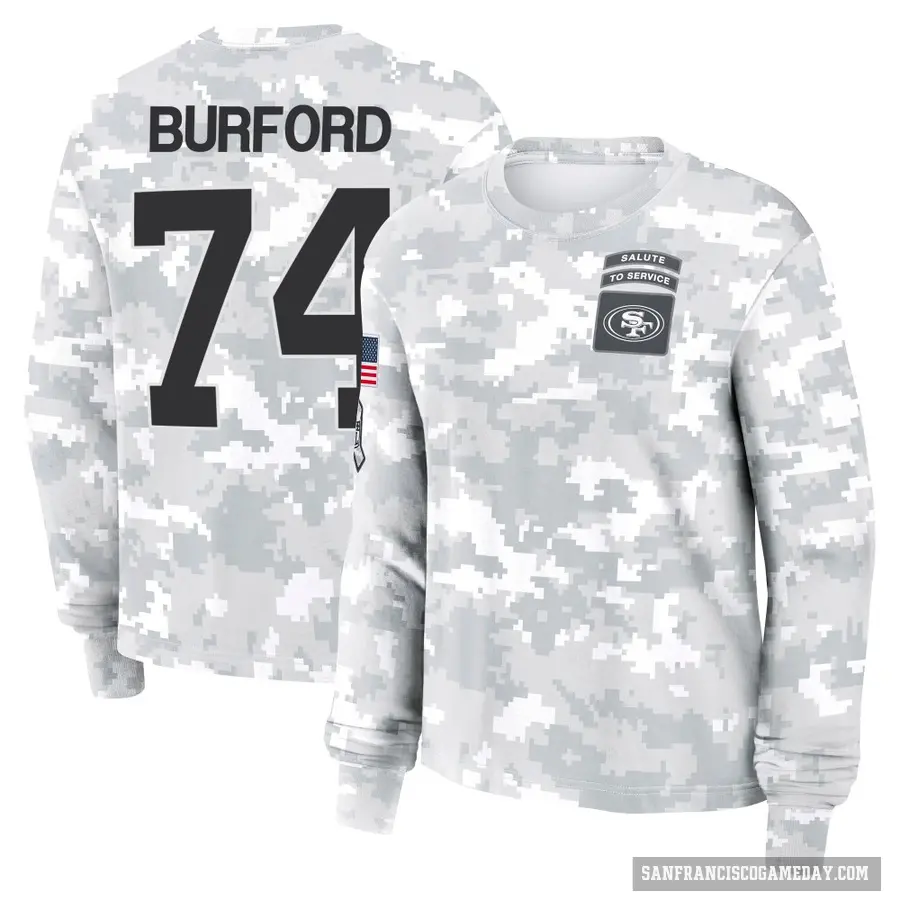 Women's ＃74 Spencer Burford San Francisco 49ers Camo Arctic 2024 Salute to Service Long Sleeve T-Shirt