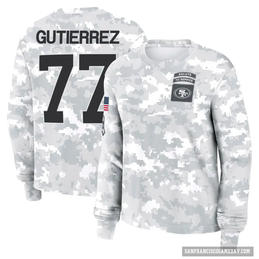 Women's ＃77 Alfredo Gutierrez San Francisco 49ers Camo Arctic 2024 Salute to Service Long Sleeve T-Shirt