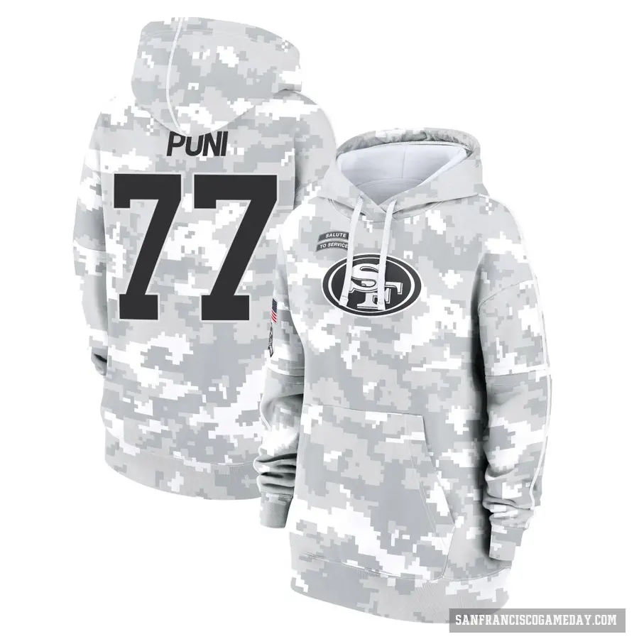 Women's ＃77 Dominick Puni San Francisco 49ers Arctic Camo 2024 Salute to Service Club Fleece Pullover Hoodie