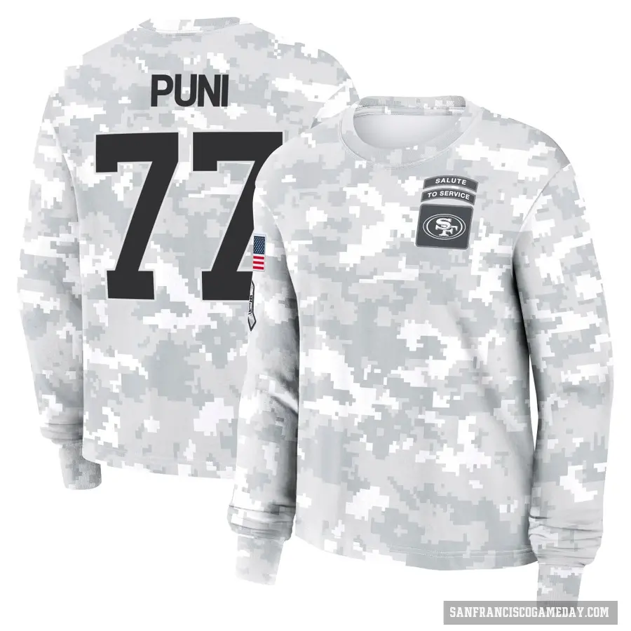 Women's ＃77 Dominick Puni San Francisco 49ers Camo Arctic 2024 Salute to Service Long Sleeve T-Shirt