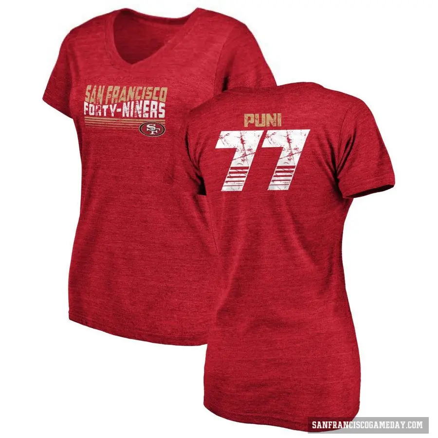 Women's ＃77 Dominick Puni San Francisco 49ers Red Retro V-Neck T-Shirt