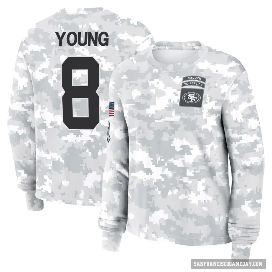 Women's ＃8 Steve Young San Francisco 49ers Camo Arctic 2024 Salute to Service Long Sleeve T-Shirt