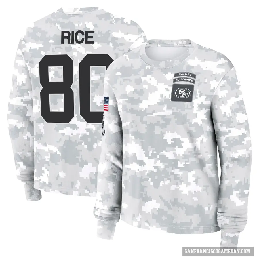 Women's ＃80 Jerry Rice San Francisco 49ers Camo Arctic 2024 Salute to Service Long Sleeve T-Shirt
