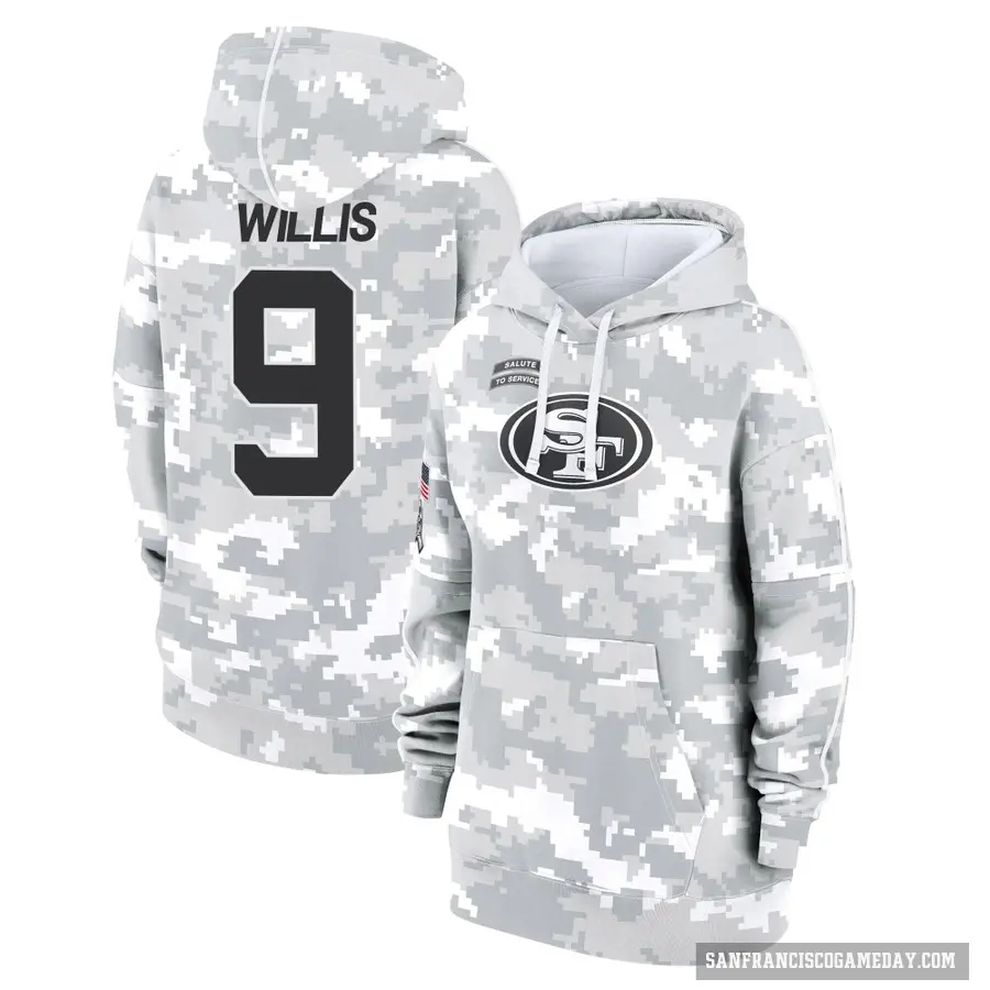 Women's ＃9 Brayden Willis San Francisco 49ers Arctic Camo 2024 Salute to Service Club Fleece Pullover Hoodie