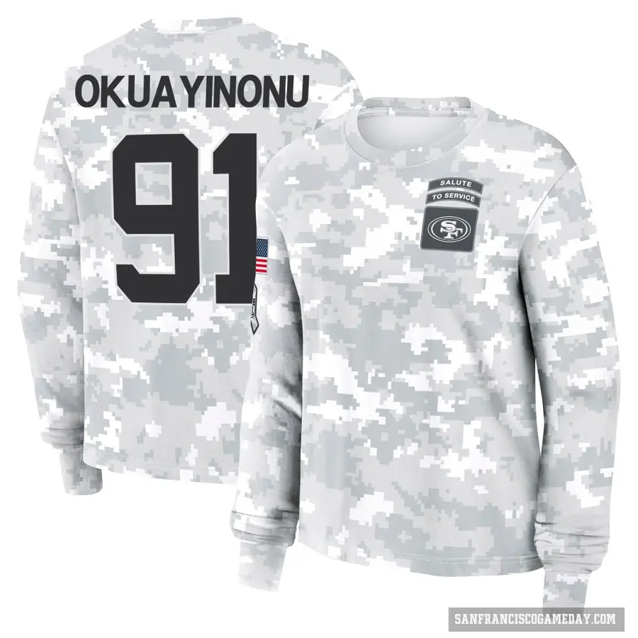 Women's ＃91 Sam Okuayinonu San Francisco 49ers Camo Arctic 2024 Salute to Service Long Sleeve T-Shirt
