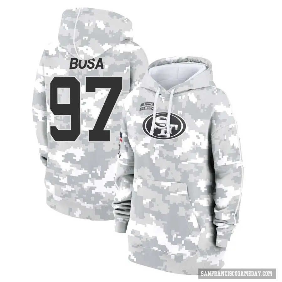 Women's ＃97 Nick Bosa San Francisco 49ers Arctic Camo 2024 Salute to Service Club Fleece Pullover Hoodie