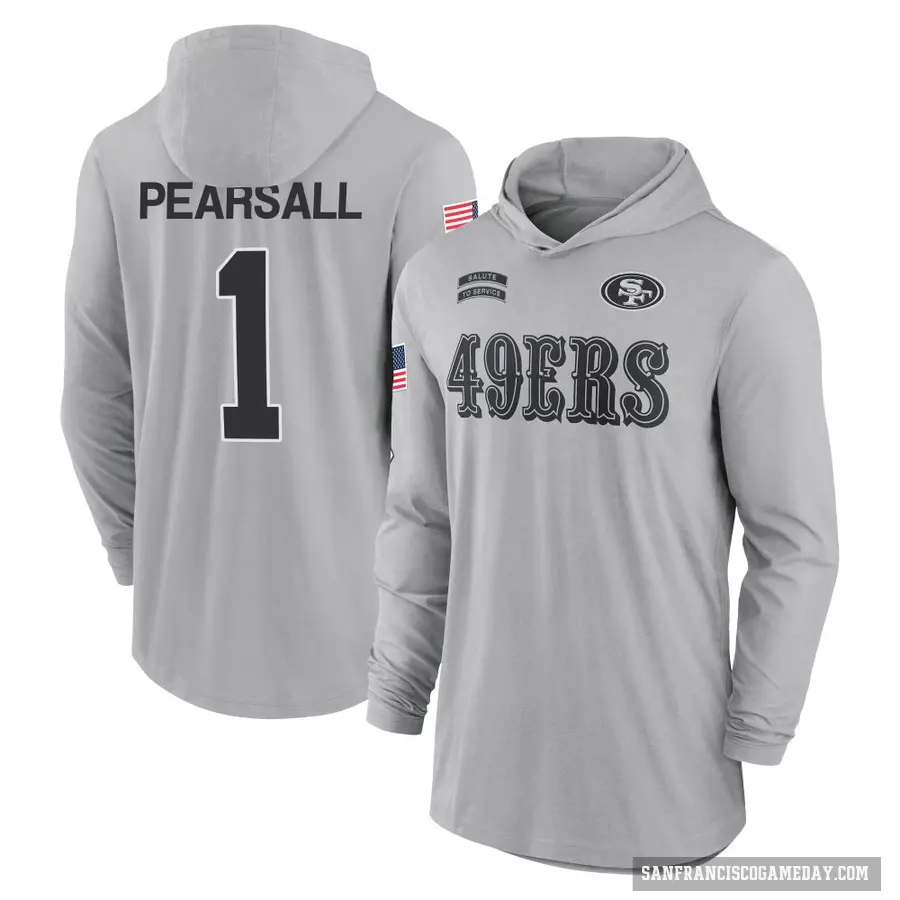 Youth ＃1 Ricky Pearsall San Francisco 49ers Gray 2024 Salute to Service Lightweight Performance Long Sleeve Hooded T-Shirt