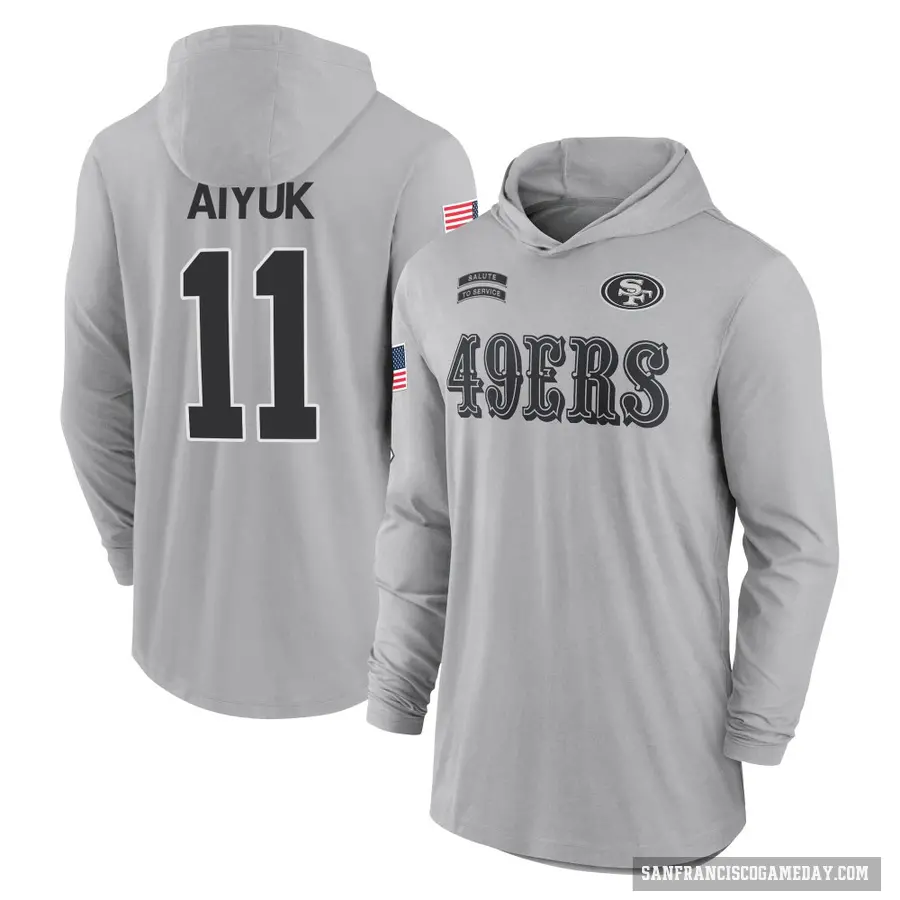 Youth ＃11 Brandon Aiyuk San Francisco 49ers Gray 2024 Salute to Service Lightweight Performance Long Sleeve Hooded T-Shirt