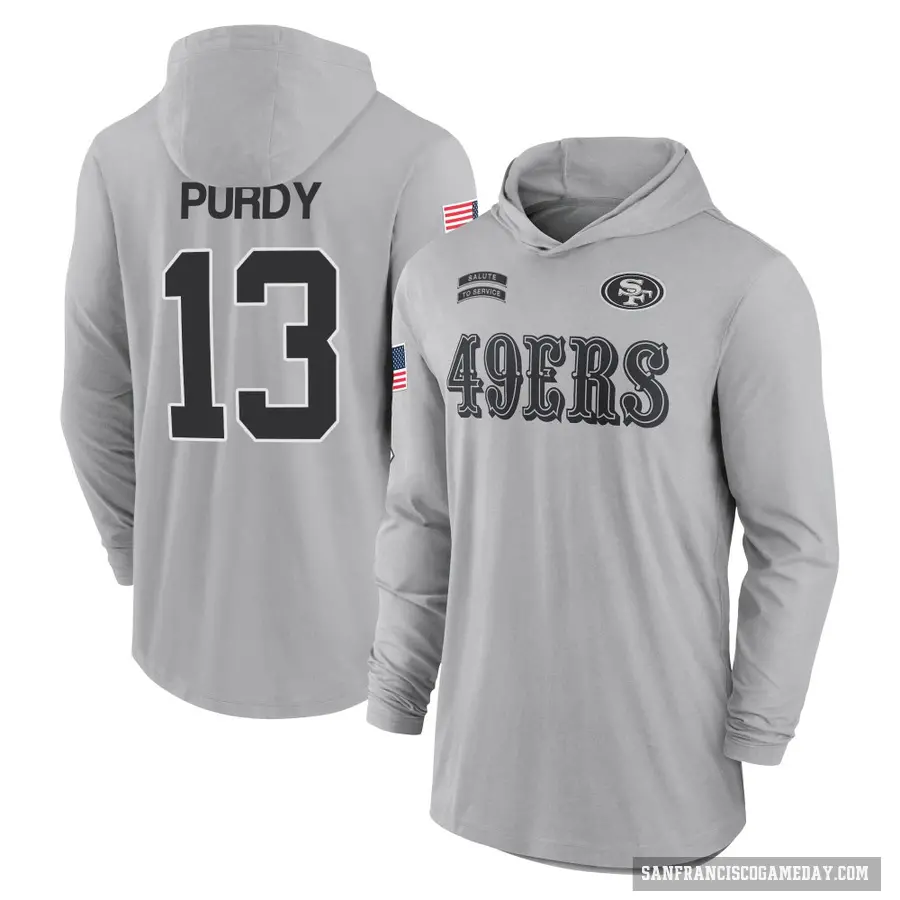 Youth ＃13 Brock Purdy San Francisco 49ers Gray 2024 Salute to Service Lightweight Performance Long Sleeve Hooded T-Shirt