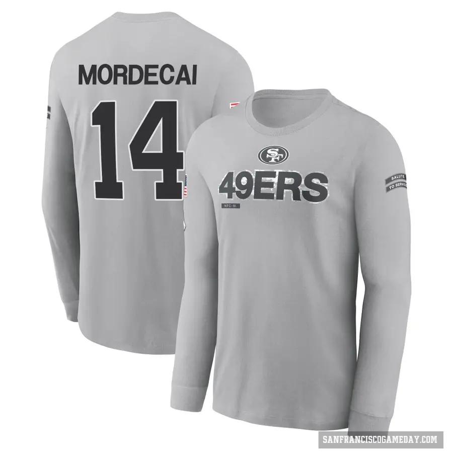 Youth ＃14 Tanner Mordecai San Francisco 49ers Gray 2024 Salute to Service Long Sleeve T-Shirt