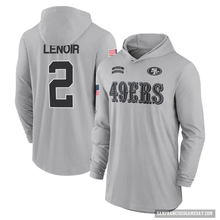 Youth ＃2 Deommodore Lenoir San Francisco 49ers Gray 2024 Salute to Service Lightweight Performance Long Sleeve Hooded T-Shirt