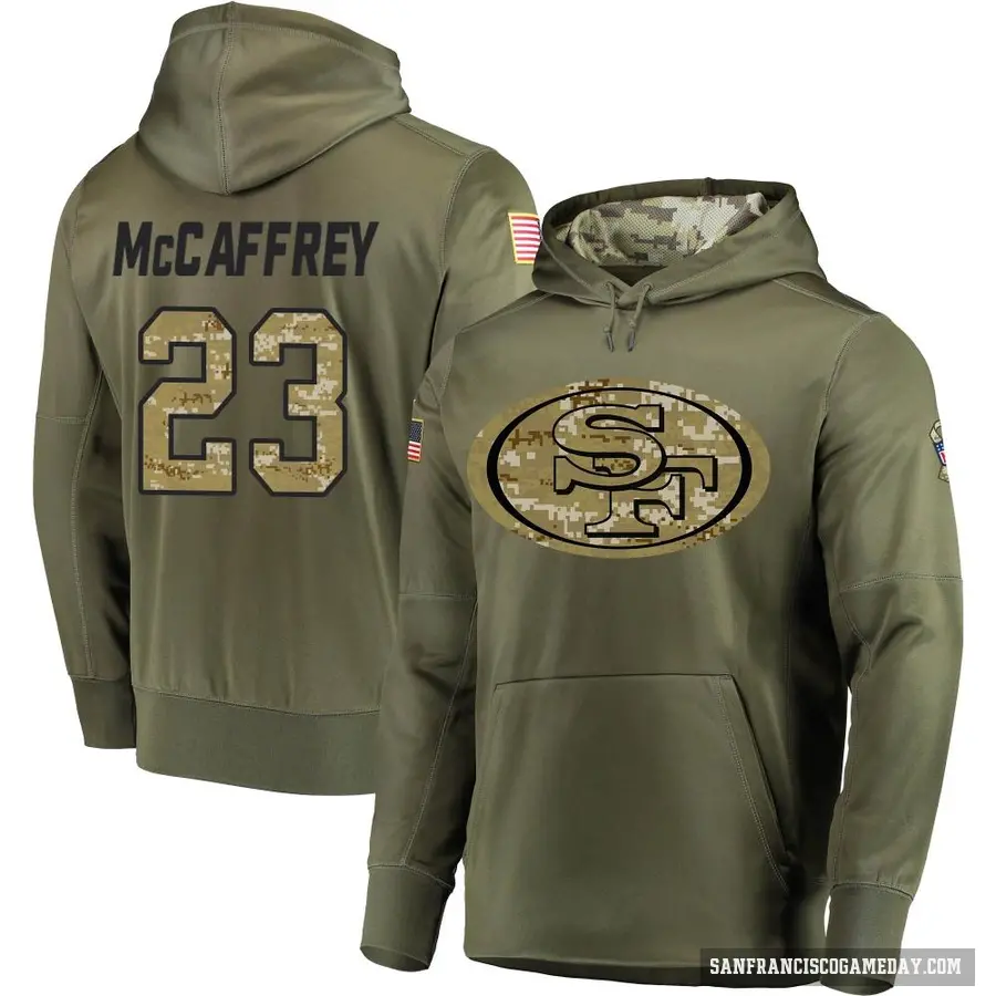Youth ＃23 Christian McCaffrey San Francisco 49ers Olive Salute to Service Pullover Hoodie
