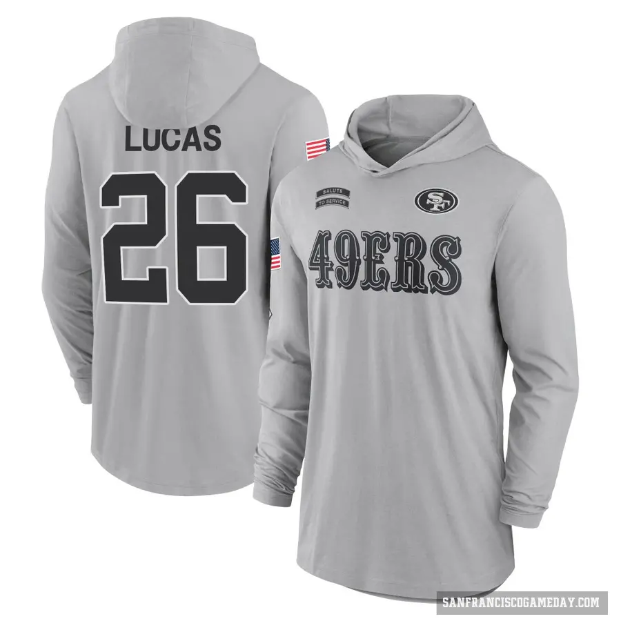 Youth ＃26 Chase Lucas San Francisco 49ers Gray 2024 Salute to Service Lightweight Performance Long Sleeve Hooded T-Shirt