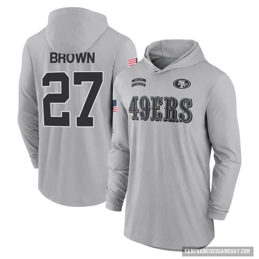 Youth ＃27 Ji'Ayir Brown San Francisco 49ers Brown Gray 2024 Salute to Service Lightweight Performance Long Sleeve Hooded T-Shirt