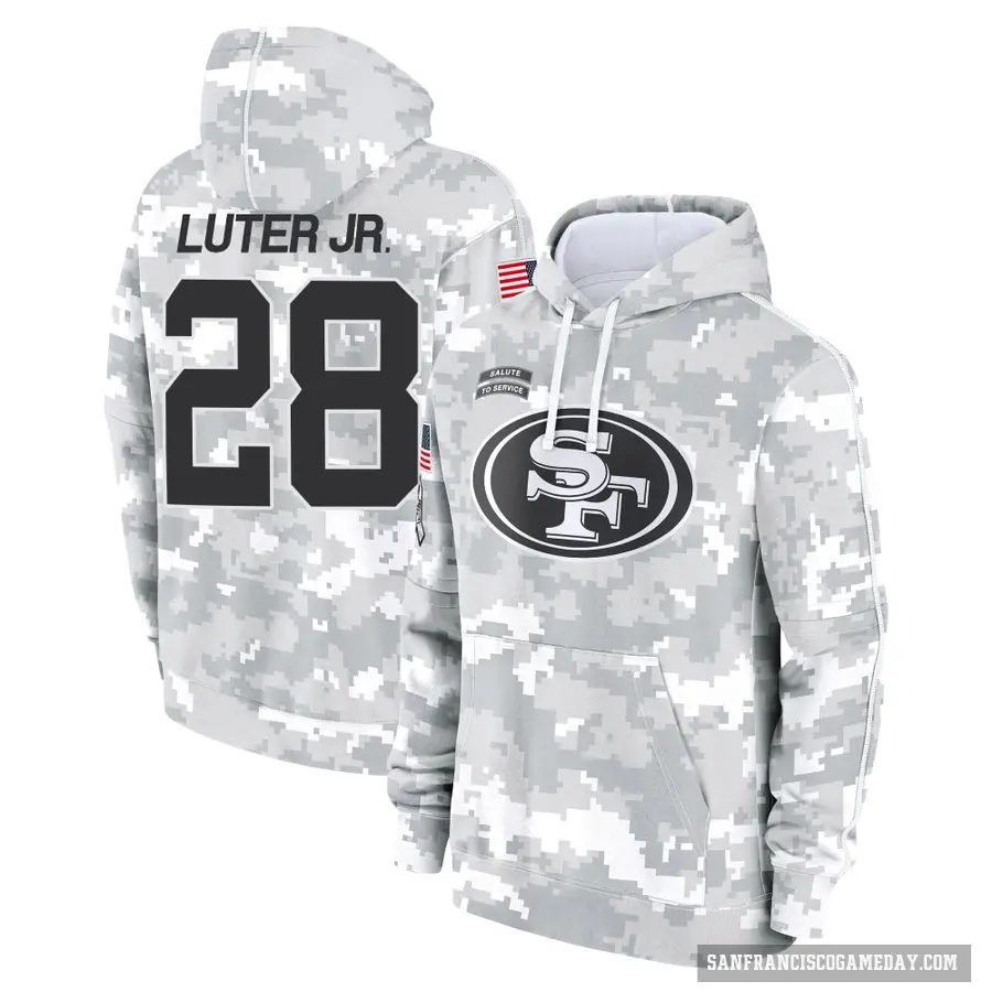Youth ＃28 Darrell Luter Jr. San Francisco 49ers Arctic Camo 2024 Salute to Service Club Fleece Pullover Hoodie