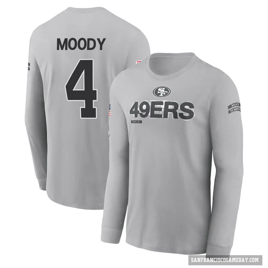 Youth ＃4 Jake Moody San Francisco 49ers Gray 2024 Salute to Service Long Sleeve T-Shirt