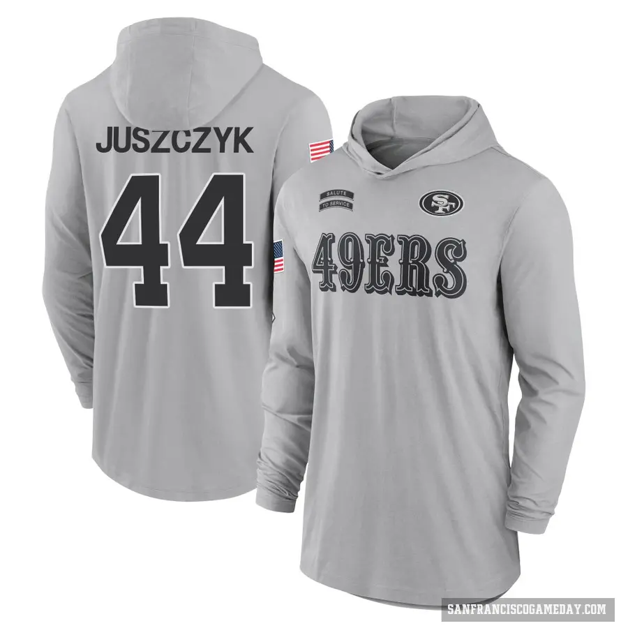 Youth ＃44 Kyle Juszczyk San Francisco 49ers Gray 2024 Salute to Service Lightweight Performance Long Sleeve Hooded T-Shirt