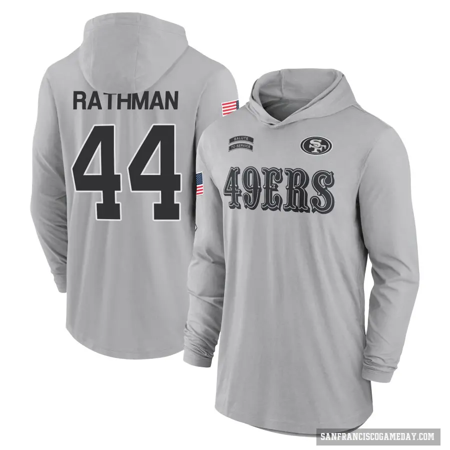 Youth ＃44 Tom Rathman San Francisco 49ers Gray 2024 Salute to Service Lightweight Performance Long Sleeve Hooded T-Shirt
