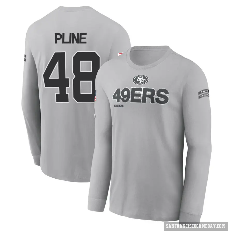 Youth ＃48 Mason Pline San Francisco 49ers Gray 2024 Salute to Service Long Sleeve T-Shirt
