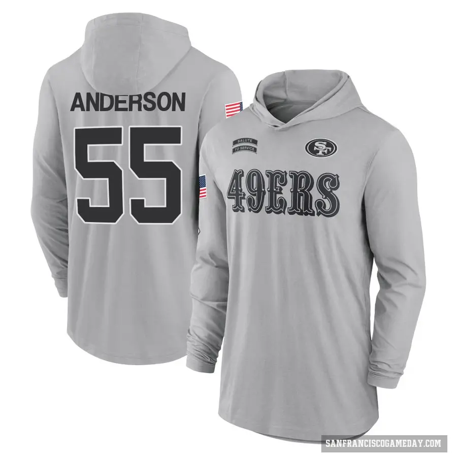 Youth ＃55 Evan Anderson San Francisco 49ers Gray 2024 Salute to Service Lightweight Performance Long Sleeve Hooded T-Shirt