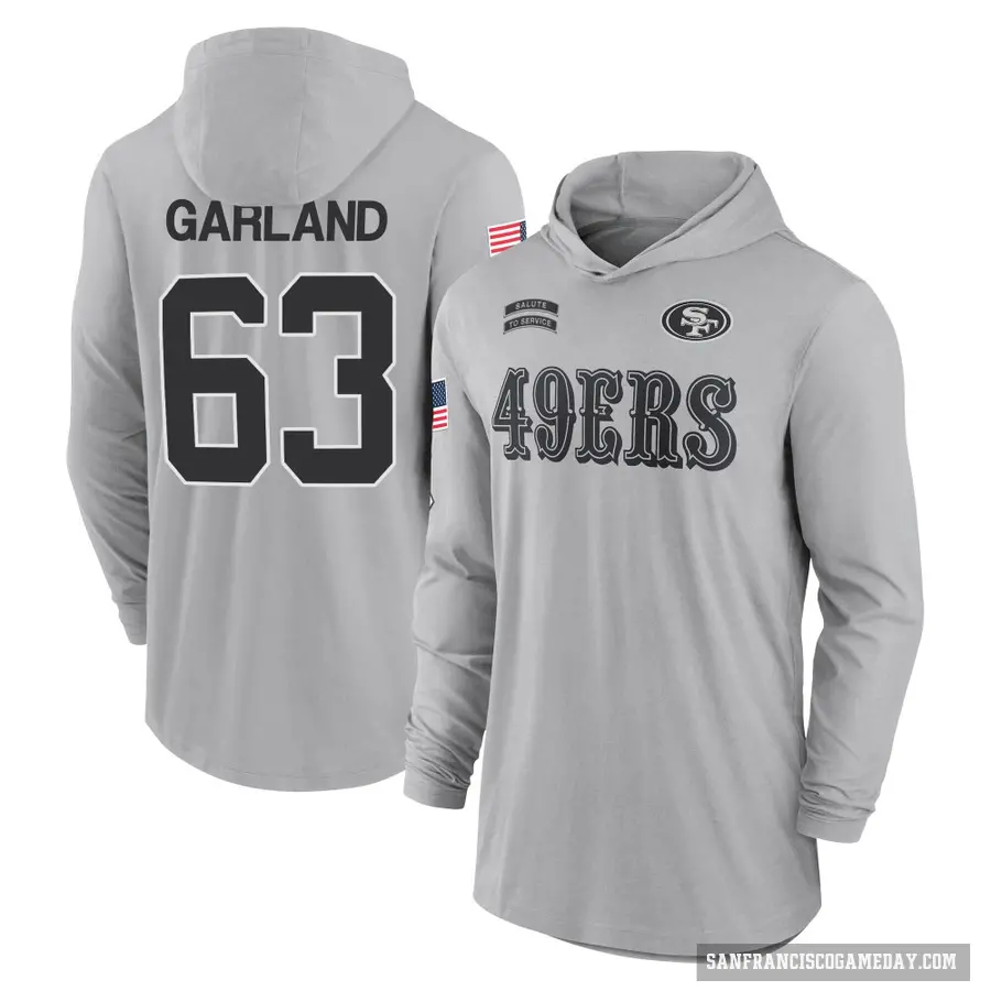 Youth ＃63 Ben Garland San Francisco 49ers Gray 2024 Salute to Service Lightweight Performance Long Sleeve Hooded T-Shirt