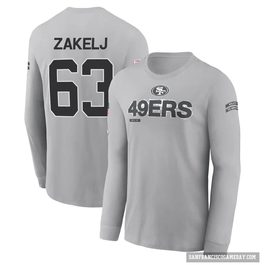 Youth ＃63 Nick Zakelj San Francisco 49ers Gray 2024 Salute to Service Long Sleeve T-Shirt