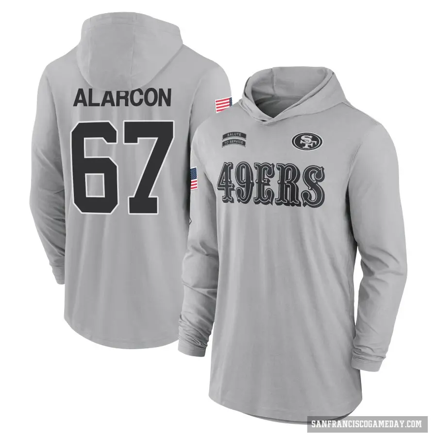 Youth ＃67 Isaac Alarcon San Francisco 49ers Gray 2024 Salute to Service Lightweight Performance Long Sleeve Hooded T-Shirt
