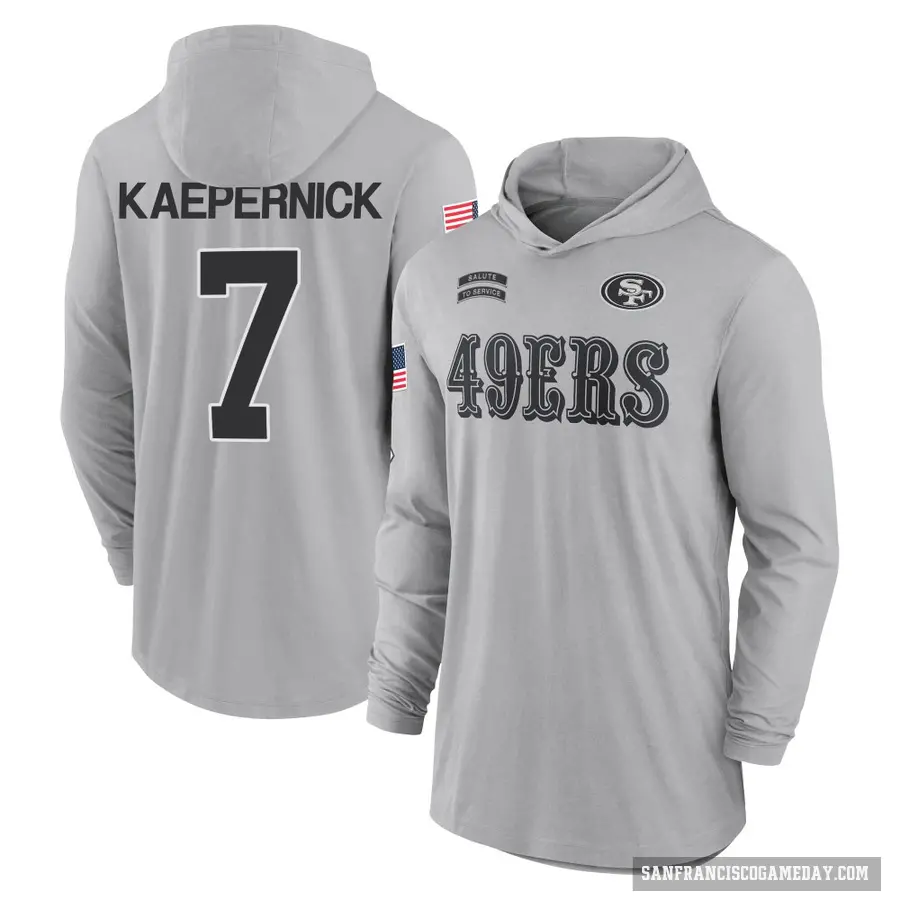 Youth ＃7 Colin Kaepernick San Francisco 49ers Gray 2024 Salute to Service Lightweight Performance Long Sleeve Hooded T-Shirt