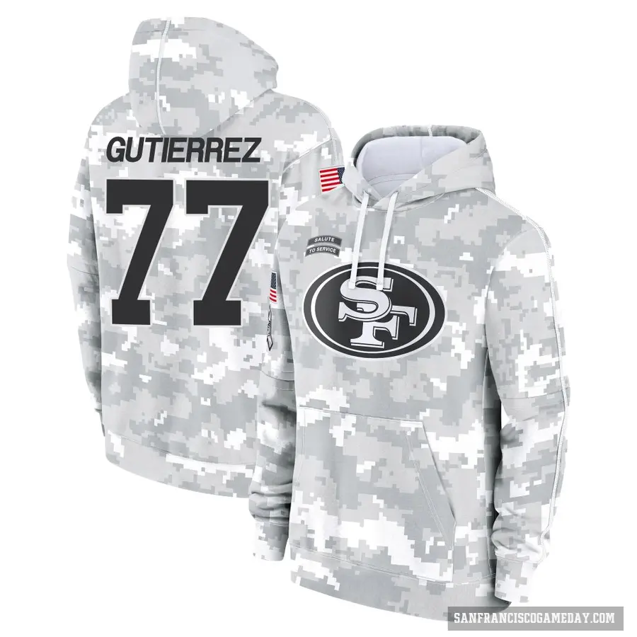 Youth ＃77 Alfredo Gutierrez San Francisco 49ers Arctic Camo 2024 Salute to Service Club Fleece Pullover Hoodie