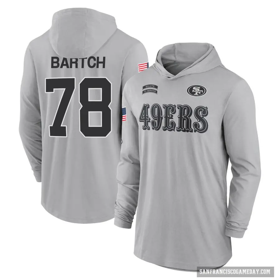 Youth ＃78 Ben Bartch San Francisco 49ers Gray 2024 Salute to Service Lightweight Performance Long Sleeve Hooded T-Shirt