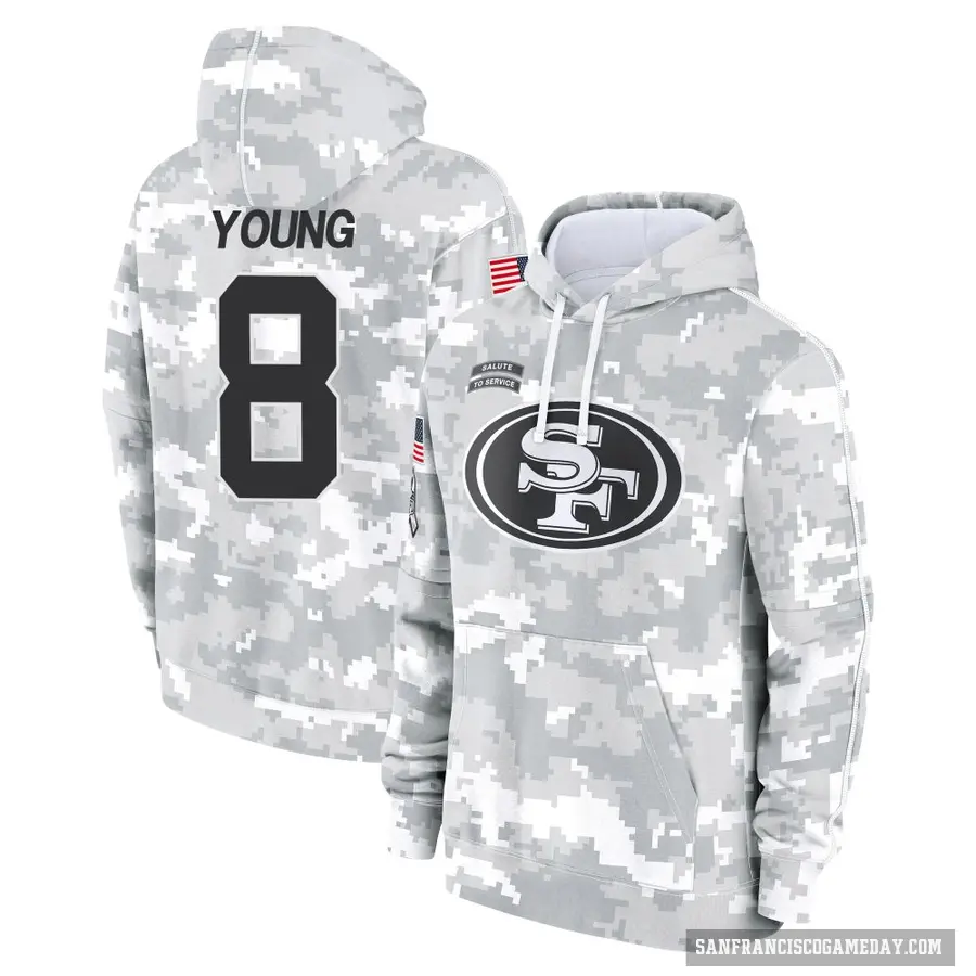 Youth ＃8 Steve Young San Francisco 49ers Arctic Camo 2024 Salute to Service Club Fleece Pullover Hoodie
