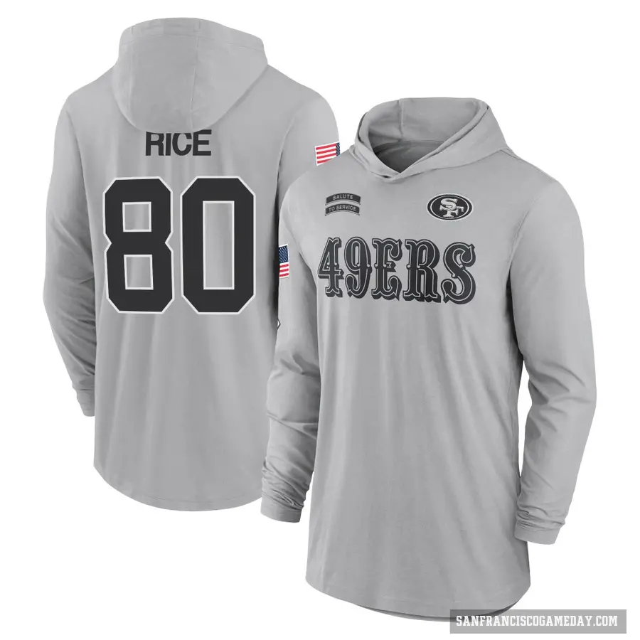 Youth ＃80 Jerry Rice San Francisco 49ers Gray 2024 Salute to Service Lightweight Performance Long Sleeve Hooded T-Shirt