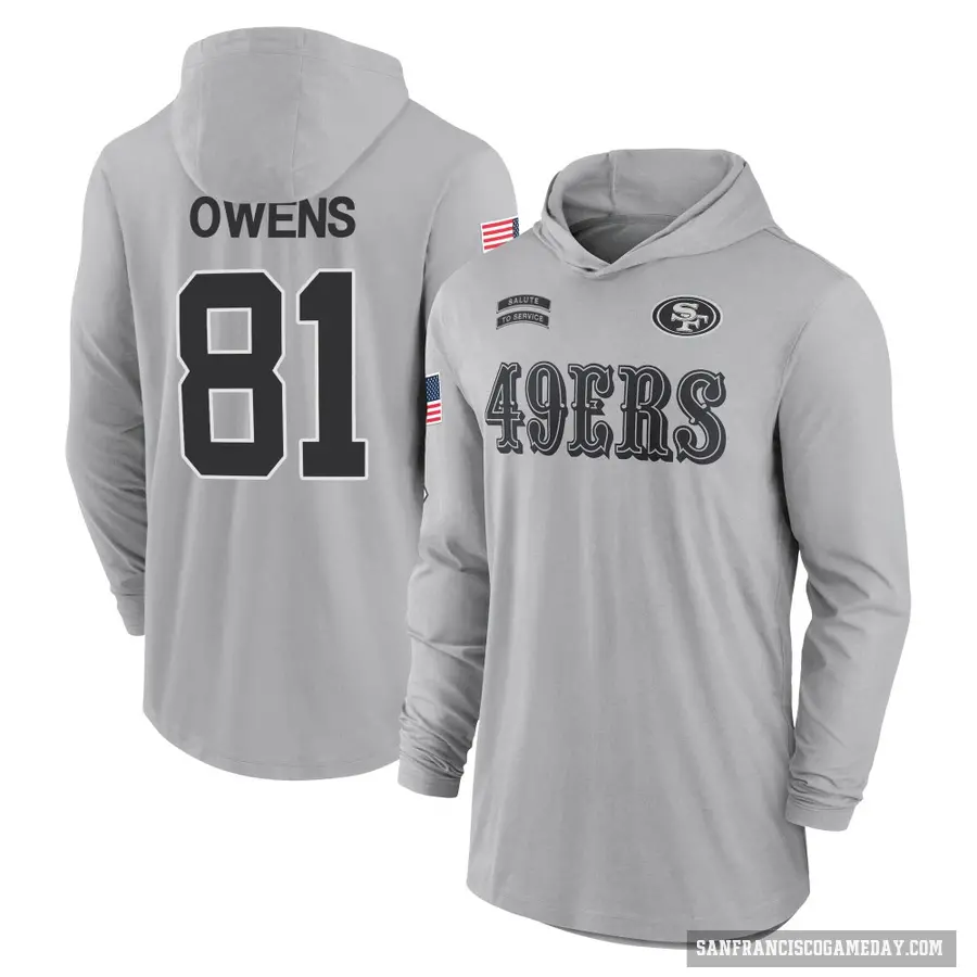 Youth ＃81 Terrell Owens San Francisco 49ers Gray 2024 Salute to Service Lightweight Performance Long Sleeve Hooded T-Shirt