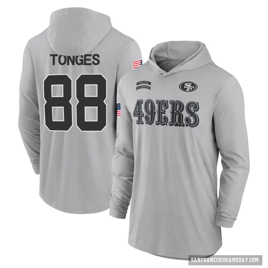 Youth ＃88 Jake Tonges San Francisco 49ers Gray 2024 Salute to Service Lightweight Performance Long Sleeve Hooded T-Shirt