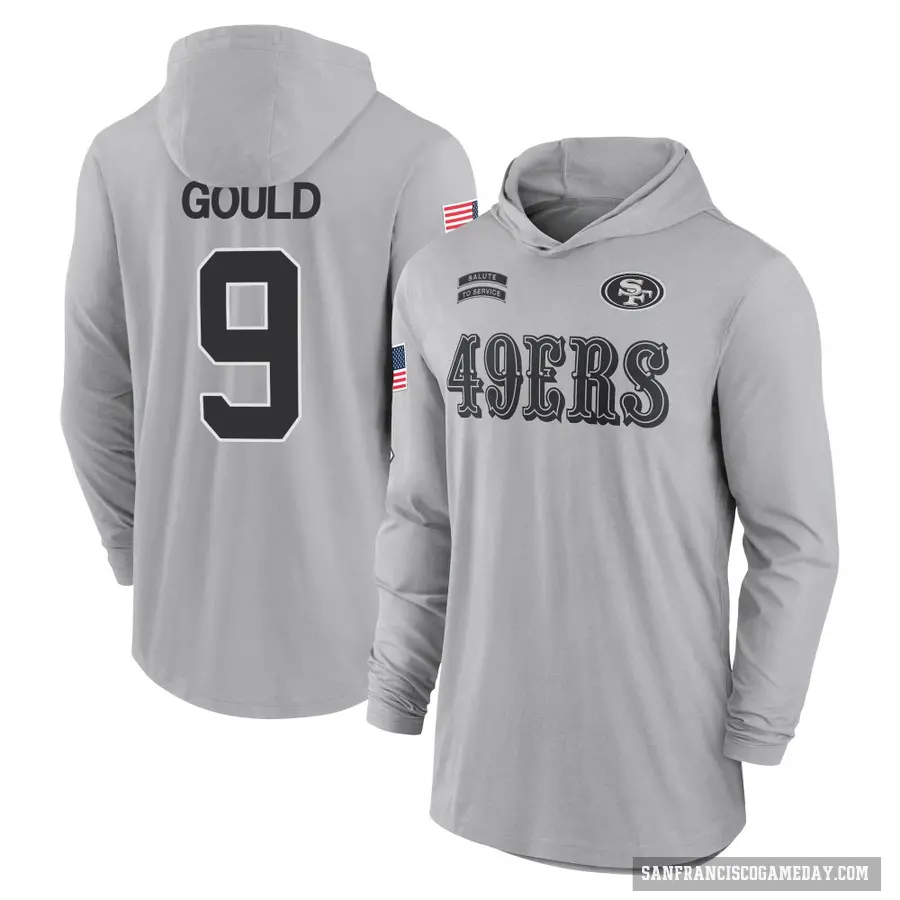 Youth ＃9 Robbie Gould San Francisco 49ers Gray 2024 Salute to Service Lightweight Performance Long Sleeve Hooded T-Shirt