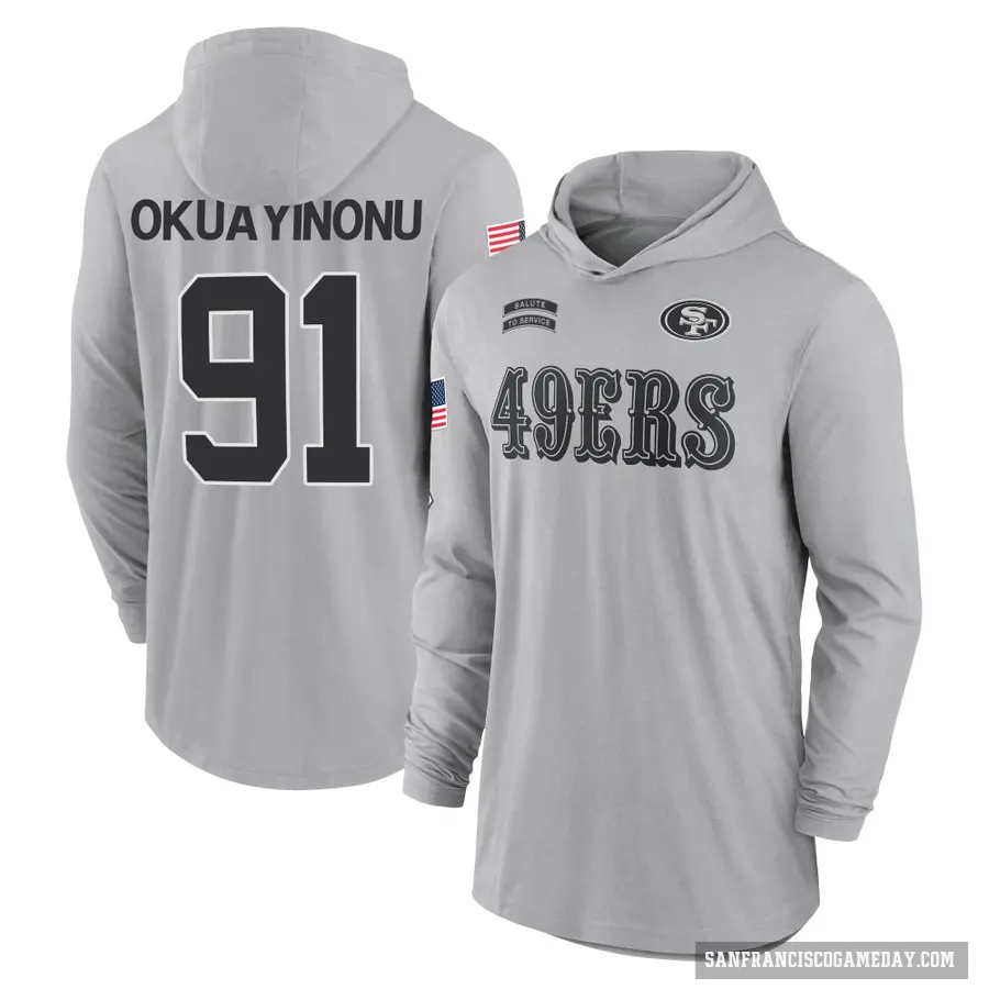 Youth ＃91 Sam Okuayinonu San Francisco 49ers Gray 2024 Salute to Service Lightweight Performance Long Sleeve Hooded T-Shirt
