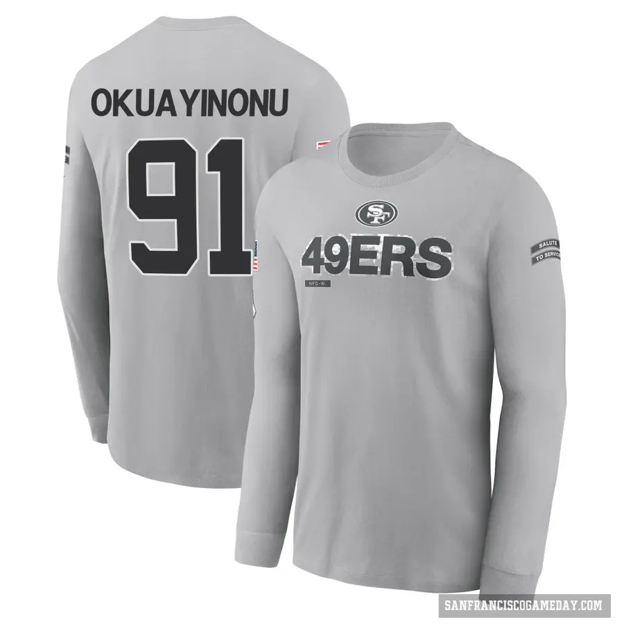 Youth ＃91 Sam Okuayinonu San Francisco 49ers Gray 2024 Salute to Service Long Sleeve T-Shirt